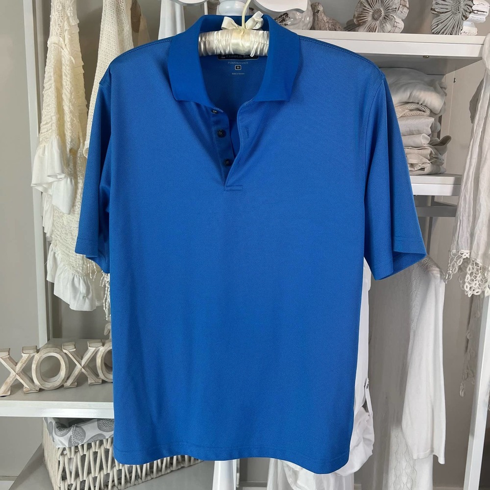 Pebble beach Men's medium Golf Performance shirt Polo.  Blue 3 button Item #0930